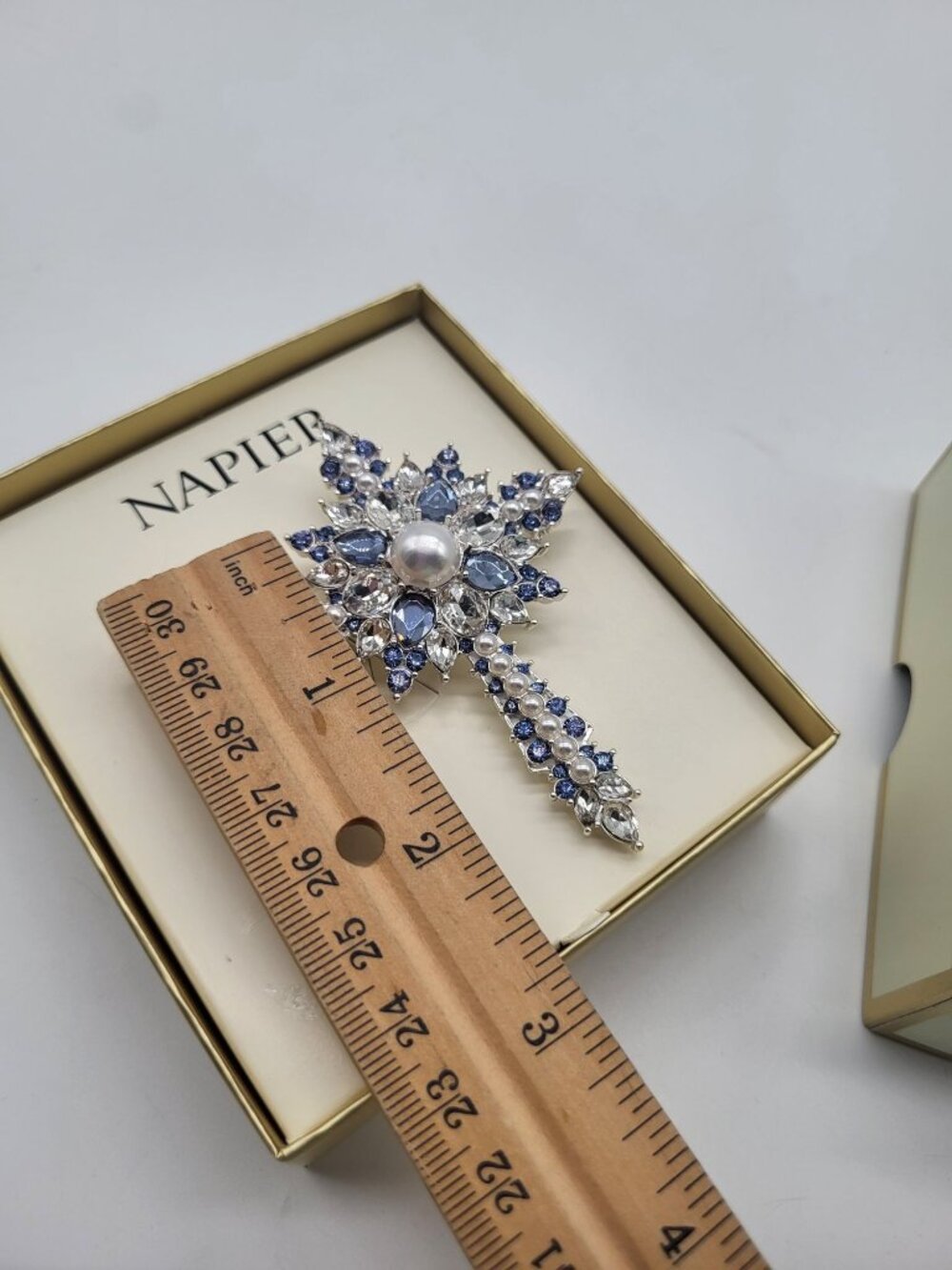 NAPIER Silver Tone 3D Cross Brooch Rhinestones Faux Pearls Blue Clear Religious - Picture 6 of 7